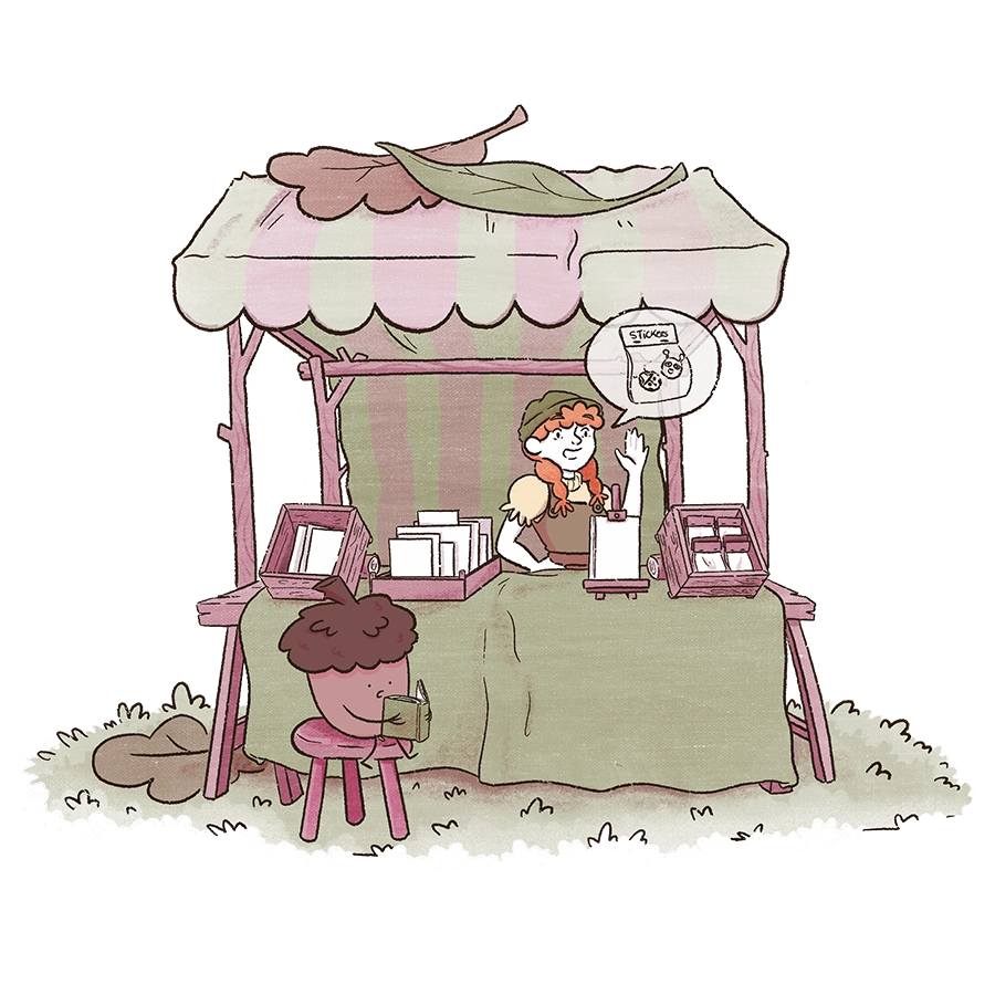 Illustration de Mio et Gland qui tiennent un stand, dessin par Eloise Mokhtari.