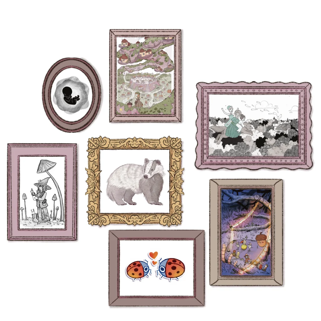 Illustration pour imager un mur remplit de cadre pour présenter le portfolio d'Eloise Mokhtari. Illustration jeunesse, nature et animaux.