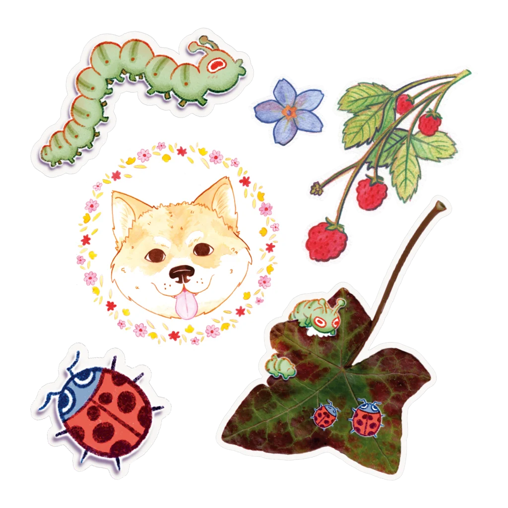 Illustrations d'Eloise Mokhtari, illustrations pour stickers dans le thème de la nature. Et stickers réalisées pour l'association Fluffypote.