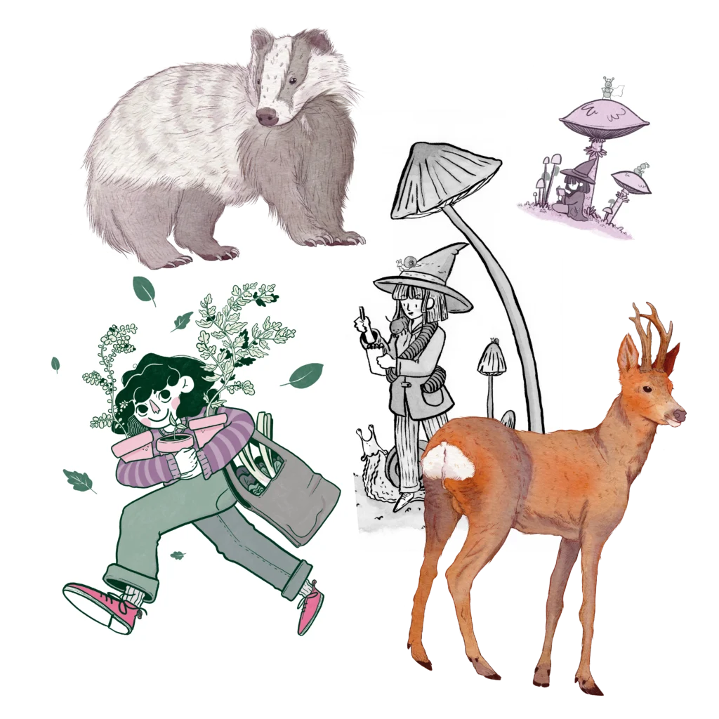 Sélection d'illustration d'Eloise Mokhtari pour divers projets : affiche pour association, atelier nature et illustrations fantastiques.