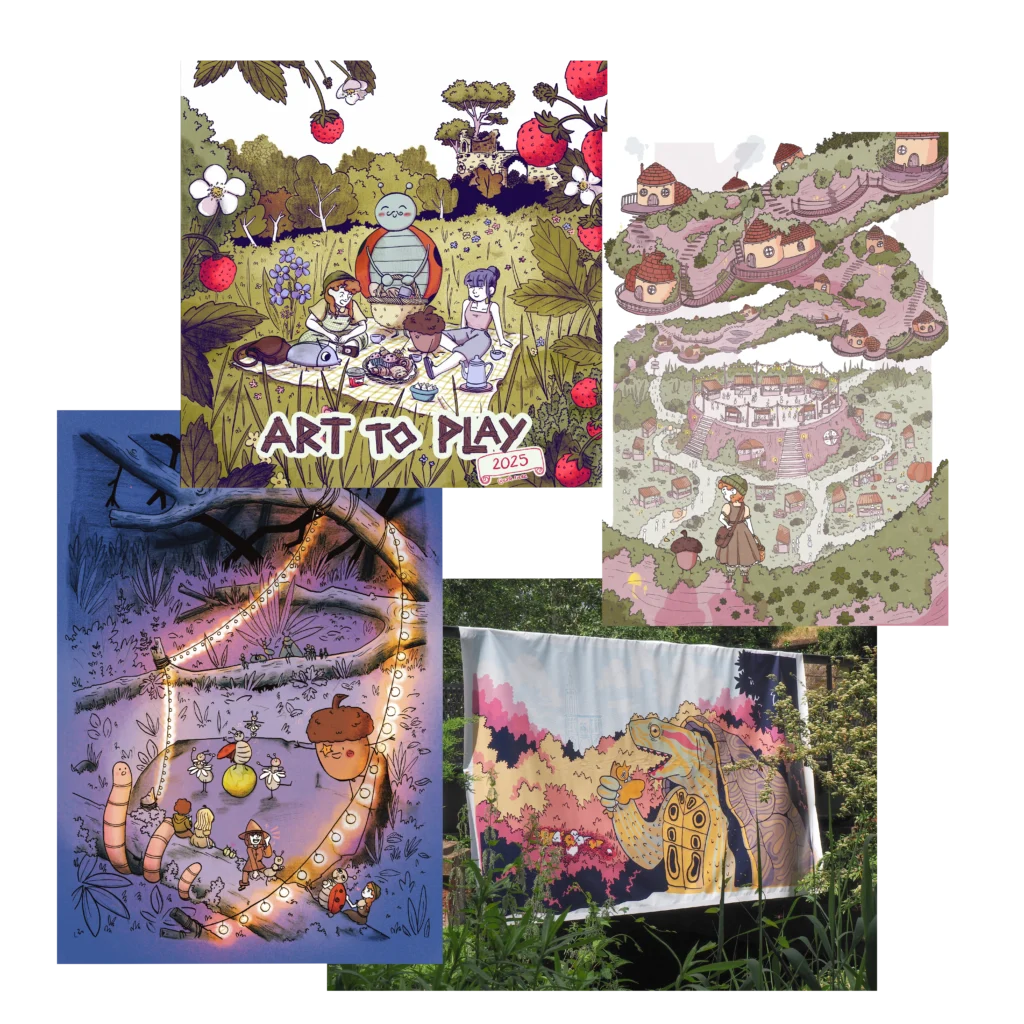 Sélection d'illustrations fantastiques d'Eloïse Mokhtari : pique-nique sous le soleil, village médiéval perché et forêt enchantée lumineuse.